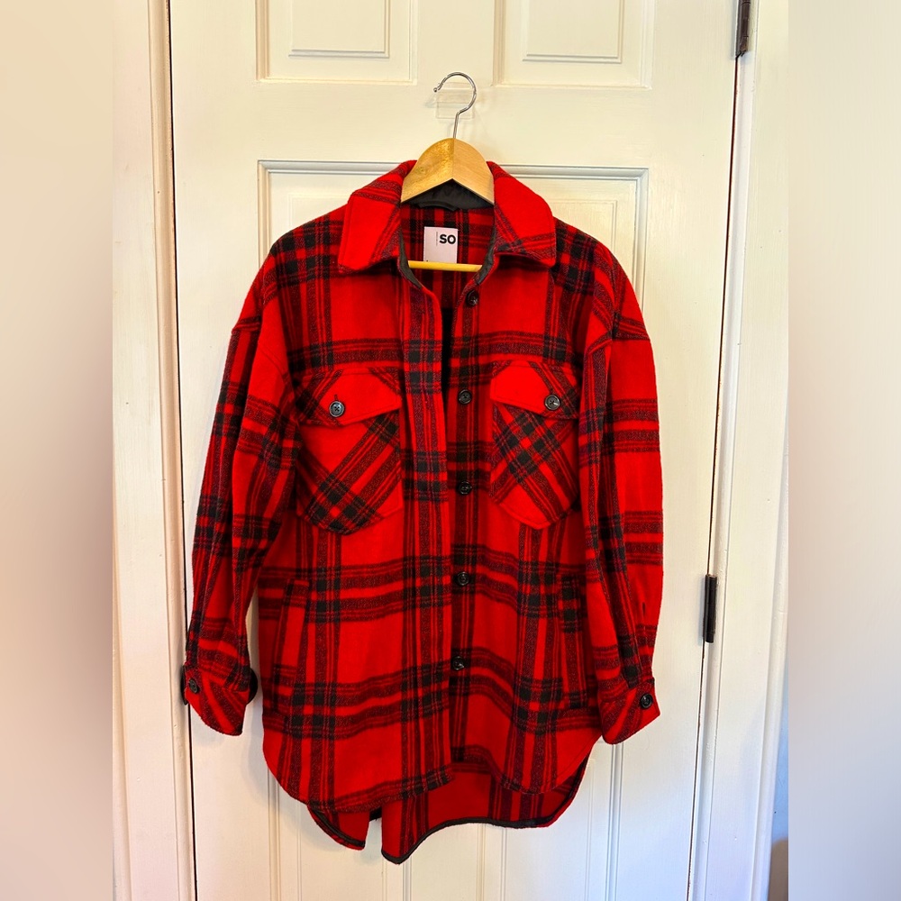 Red and black flannel overcoat. Oversized small.
